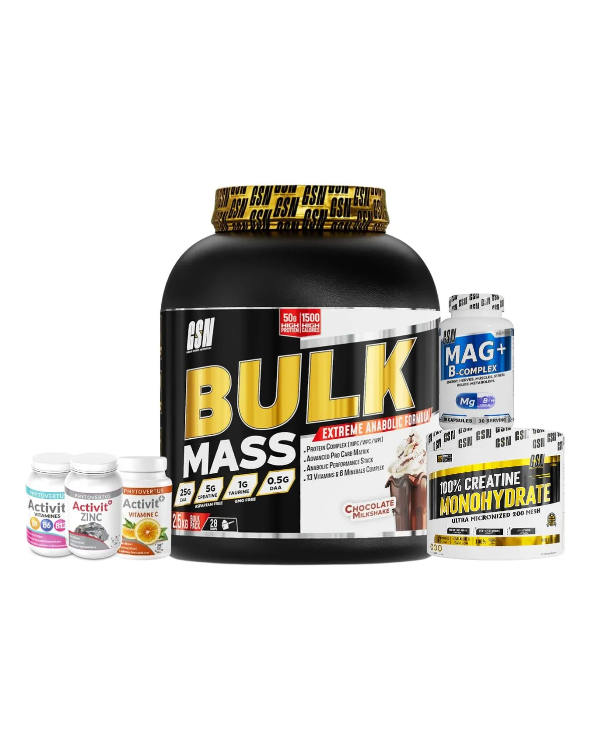Pack Bulk Mass+ Activit Vitamines/Zinc/Vitamine C+ Mag+ B-Complex + Creatine Monohydrate — image 1